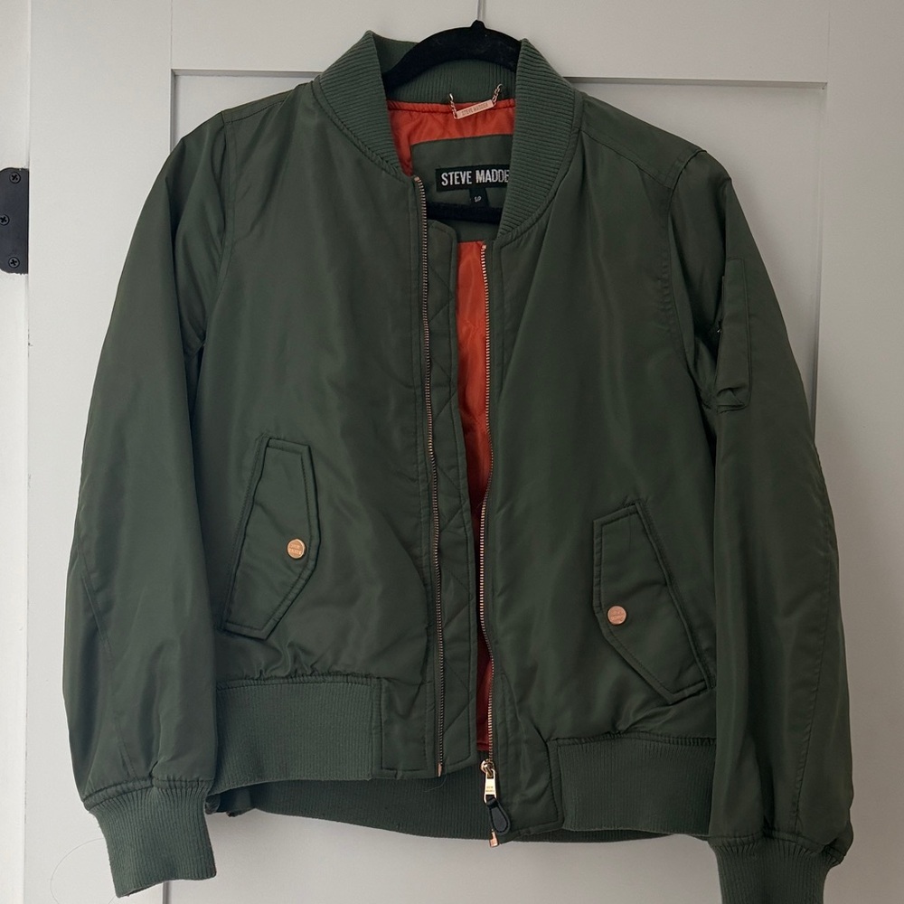 Steve Madden Olive Green Bomber Jacket with Orange Lining